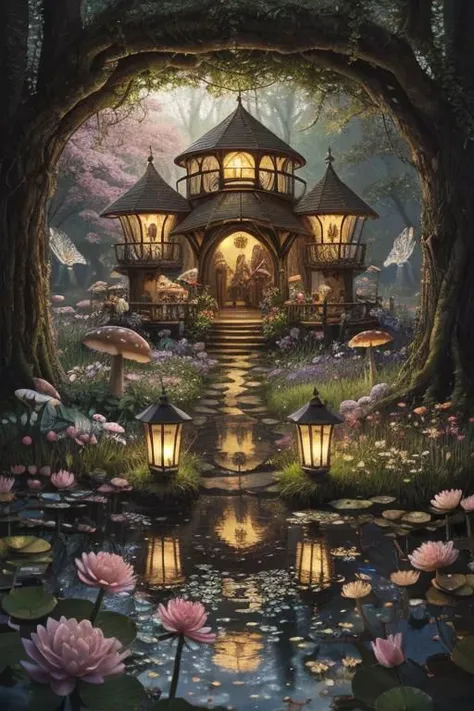 trending on Artstation, cute fantasy highly detailed, surrealistic, birds, butterflies, cute fantasy cartoon, flowers, swirls, pearls, woodland, mushrooms, cute fantasy fairy butterflies, cute fairy birds, water lilies, elf, elves, roses, peonies, dandelions, fairy woodland, forest, cute, fantasy, swirl, fairy flowers, fairy mushrooms, fairy trees, meadow, field, lanterns, candles, light, lake, water, raindrops, waterstream, soap bubbles, huge mushrooms, houses, huts, fantasy fairy girls, people, humans, lampposts, lamp posts, water fountain, fairyland portal, portal to fairyland, huge mushrooms, subsurface scattering, ultra hd, 4k, high def, Photorealistic, Hyperrealistic, Hyper detailed, analog style, realistic, masterpiece, best quality, ultra realistic, 8k, Intricate, High Detail, film photography, soft lighting,  heavy shadow