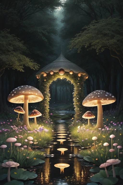 trending on Artstation, cute fantasy highly detailed, surrealistic, birds, butterflies, cute fantasy cartoon, flowers, swirls, pearls, woodland, mushrooms, cute fantasy fairy butterflies, cute fairy birds, water lilies, elf, elves, roses, peonies, dandelions, fairy woodland, forest, cute, fantasy, swirl, fairy flowers, fairy mushrooms, fairy trees, meadow, field, lanterns, candles, light, lake, water, raindrops, waterstream, soap bubbles, huge mushrooms, houses, huts, fantasy fairy girls, people, humans, lampposts, lamp posts, water fountain, fairyland portal, portal to fairyland, huge mushrooms, subsurface scattering, ultra hd, 4k, high def, Photorealistic, Hyperrealistic, Hyper detailed, analog style, realistic, masterpiece, best quality, ultra realistic, 8k, Intricate, High Detail, film photography, soft lighting, heavy shadow