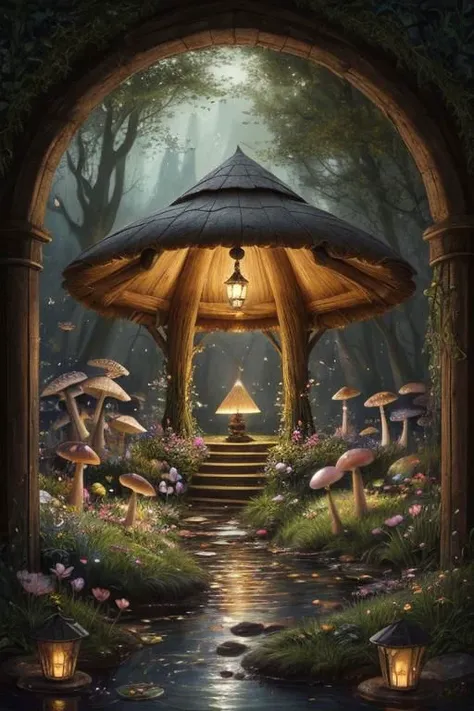 trending on Artstation, cute fantasy highly detailed, surrealistic, birds, butterflies, cute fantasy cartoon, flowers, swirls, pearls, woodland, mushrooms, cute fantasy fairy butterflies, cute fairy birds, water lilies, elf, elves, roses, peonies, dandelions, fairy woodland, forest, cute, fantasy, swirl, fairy flowers, fairy mushrooms, fairy trees, meadow, field, lanterns, candles, light, lake, water, raindrops, waterstream, soap bubbles, huge mushrooms, houses, huts, fantasy fairy girls, people, humans, lampposts, lamp posts, water fountain, fairyland portal, portal to fairyland, huge mushrooms, subsurface scattering, ultra hd, 4k, high def, Photorealistic, Hyperrealistic, Hyper detailed, analog style, realistic, masterpiece, best quality, ultra realistic, 8k, Intricate, High Detail, film photography, soft lighting,  heavy shadow