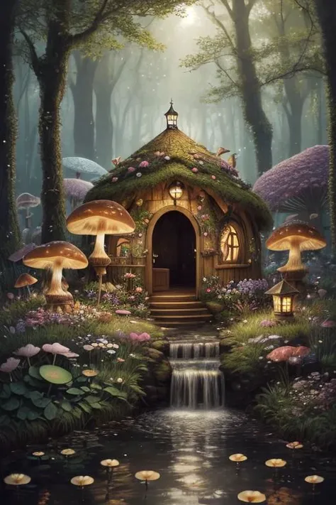 trending on Artstation, cute fantasy highly detailed, surrealistic, birds, butterflies, cute fantasy cartoon, flowers, swirls, pearls, woodland, mushrooms, cute fantasy fairy butterflies, cute fairy birds, water lilies, elf, elves, roses, peonies, dandelions, fairy woodland, forest, cute, fantasy, swirl, fairy flowers, fairy mushrooms, fairy trees, meadow, field, lanterns, candles, light, lake, water, raindrops, waterstream, soap bubbles, huge mushrooms, houses, huts, fantasy fairy girls, people, humans, lampposts, lamp posts, water fountain, fairyland portal, portal to fairyland, huge mushrooms, subsurface scattering, ultra hd, 4k, high def, Photorealistic, Hyperrealistic, Hyper detailed, analog style, realistic, masterpiece, best quality, ultra realistic, 8k, Intricate, High Detail, film photography, soft lighting, heavy shadow