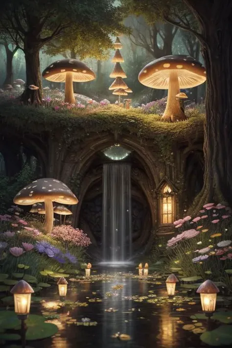 trending on Artstation, cute fantasy highly detailed, surrealistic, birds, butterflies, cute fantasy cartoon, flowers, swirls, pearls, woodland, mushrooms, cute fantasy fairy butterflies, cute fairy birds, water lilies, elf, elves, roses, peonies, dandelions, fairy woodland, forest, cute, fantasy, swirl, fairy flowers, fairy mushrooms, fairy trees, meadow, field, lanterns, candles, light, lake, water, raindrops, waterstream, soap bubbles, huge mushrooms, houses, huts, fantasy fairy girls, people, humans, lampposts, lamp posts, water fountain, fairyland portal, portal to fairyland, huge mushrooms, subsurface scattering, ultra hd, 4k, high def, Photorealistic, Hyperrealistic, Hyper detailed, analog style, realistic, masterpiece, best quality, ultra realistic, 8k, Intricate, High Detail, film photography, soft lighting, heavy shadow