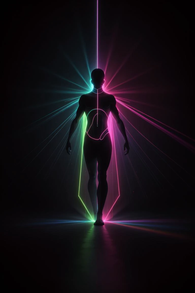 ombre color scheme of neon pink, neon blue, \(neon orange\), neon yellow, neon green
illustration of a (female silhouette:1.1) of a light spiritual full body, no face, with a light aura around that body. Cracks and black smoke in this aura around the body. Spiritual art. Cracks in the aura, volumetric lighting, fog machine
 <lora:VaporwaveAlpha:0.4> VaporwaveAlpha <lora:SpectrumAI:0.5> spectrumai, subsurface scattering, ultra hd, 4k, high def, Photorealistic, Hyperrealistic, Hyper detailed, analog style, realistic, masterpiece, best quality, ultra realistic, 8k, Intricate, High Detail, film photography, soft lighting,  heavy shadow