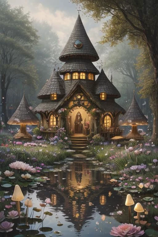 trending on Artstation, cute fantasy highly detailed, surrealistic, birds, butterflies, cute fantasy cartoon, flowers, swirls, pearls, woodland, mushrooms, cute fantasy fairy butterflies, cute fairy birds, water lilies, elf, elves, roses, peonies, dandelions, fairy woodland, forest, cute, fantasy, swirl, fairy flowers, fairy mushrooms, fairy trees, meadow, field, lanterns, candles, light, lake, water, raindrops, waterstream, soap bubbles, huge mushrooms, houses, huts, fantasy fairy girls, people, humans, lampposts, lamp posts, water fountain, fairyland portal, portal to fairyland, huge mushrooms, subsurface scattering, ultra hd, 4k, high def, Photorealistic, Hyperrealistic, Hyper detailed, analog style, realistic, masterpiece, best quality, ultra realistic, 8k, Intricate, High Detail, film photography, soft lighting, heavy shadow