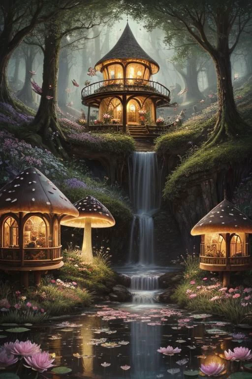 trending on Artstation, cute fantasy highly detailed, surrealistic, birds, butterflies, cute fantasy cartoon, flowers, swirls, pearls, woodland, mushrooms, cute fantasy fairy butterflies, cute fairy birds, water lilies, elf, elves, roses, peonies, dandelions, fairy woodland, forest, cute, fantasy, swirl, fairy flowers, fairy mushrooms, fairy trees, meadow, field, lanterns, candles, light, lake, water, raindrops, waterstream, soap bubbles, huge mushrooms, houses, huts, fantasy fairy girls, people, humans, lampposts, lamp posts, water fountain, fairyland portal, portal to fairyland, huge mushrooms, subsurface scattering, ultra hd, 4k, high def, Photorealistic, Hyperrealistic, Hyper detailed, analog style, realistic, masterpiece, best quality, ultra realistic, 8k, Intricate, High Detail, film photography, soft lighting, heavy shadow