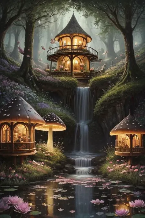 trending on Artstation, cute fantasy highly detailed, surrealistic, birds, butterflies, cute fantasy cartoon, flowers, swirls, pearls, woodland, mushrooms, cute fantasy fairy butterflies, cute fairy birds, water lilies, elf, elves, roses, peonies, dandelions, fairy woodland, forest, cute, fantasy, swirl, fairy flowers, fairy mushrooms, fairy trees, meadow, field, lanterns, candles, light, lake, water, raindrops, waterstream, soap bubbles, huge mushrooms, houses, huts, fantasy fairy girls, people, humans, lampposts, lamp posts, water fountain, fairyland portal, portal to fairyland, huge mushrooms, subsurface scattering, ultra hd, 4k, high def, Photorealistic, Hyperrealistic, Hyper detailed, analog style, realistic, masterpiece, best quality, ultra realistic, 8k, Intricate, High Detail, film photography, soft lighting,  heavy shadow