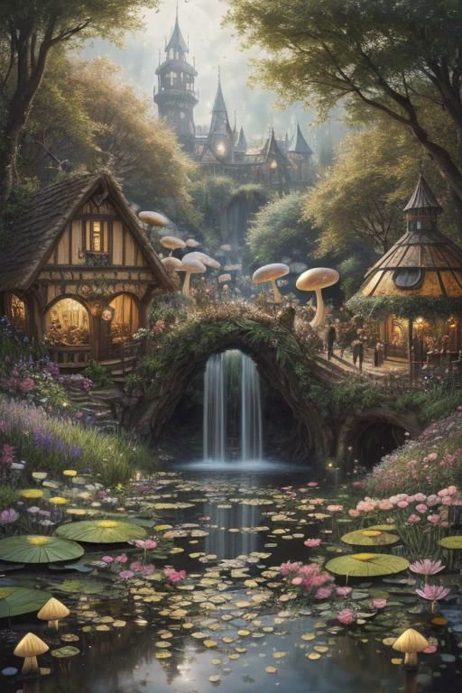 trending on Artstation, cute fantasy highly detailed, surrealistic, birds, butterflies, cute fantasy cartoon, flowers, swirls, pearls, woodland, mushrooms, cute fantasy fairy butterflies, cute fairy birds, water lilies, elf, elves, roses, peonies, dandelions, fairy woodland, forest, cute, fantasy, swirl, fairy flowers, fairy mushrooms, fairy trees, meadow, field, lanterns, candles, light, lake, water, raindrops, waterstream, soap bubbles, huge mushrooms, houses, huts, fantasy fairy girls, people, humans, lampposts, lamp posts, water fountain, fairyland portal, portal to fairyland, huge mushrooms, subsurface scattering, ultra hd, 4k, high def, Photorealistic, Hyperrealistic, Hyper detailed, analog style, realistic, masterpiece, best quality, ultra realistic, 8k, Intricate, High Detail, film photography, soft lighting, heavy shadow