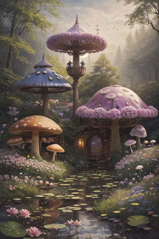 trending on Artstation, cute fantasy highly detailed, surrealistic, birds, butterflies, cute fantasy cartoon, flowers, swirls, pearls, woodland, mushrooms, cute fantasy fairy butterflies, cute fairy birds, water lilies, elf, elves, roses, peonies, dandelions, fairy woodland, forest, cute, fantasy, swirl, fairy flowers, fairy mushrooms, fairy trees, meadow, field, lanterns, candles, light, lake, water, raindrops, waterstream, soap bubbles, huge mushrooms, houses, huts, fantasy fairy girls, people, humans, lampposts, lamp posts, water fountain, fairyland portal, portal to fairyland, huge mushrooms, subsurface scattering, ultra hd, 4k, high def, Photorealistic, Hyperrealistic, Hyper detailed, analog style, realistic, masterpiece, best quality, ultra realistic, 8k, Intricate, High Detail, film photography, soft lighting, heavy shadow