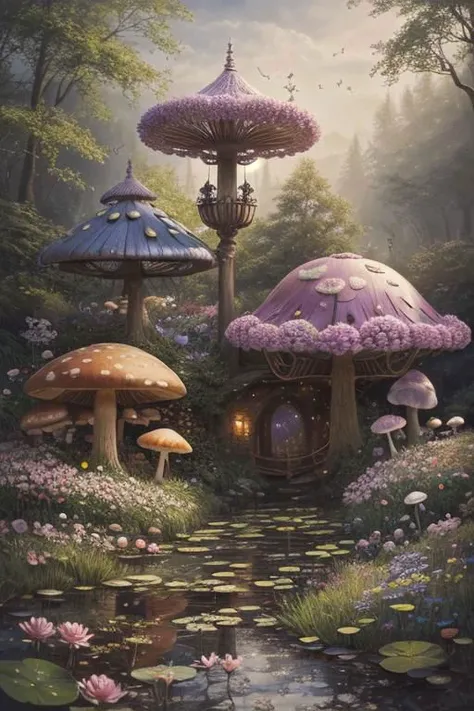 trending on Artstation, cute fantasy highly detailed, surrealistic, birds, butterflies, cute fantasy cartoon, flowers, swirls, pearls, woodland, mushrooms, cute fantasy fairy butterflies, cute fairy birds, water lilies, elf, elves, roses, peonies, dandelions, fairy woodland, forest, cute, fantasy, swirl, fairy flowers, fairy mushrooms, fairy trees, meadow, field, lanterns, candles, light, lake, water, raindrops, waterstream, soap bubbles, huge mushrooms, houses, huts, fantasy fairy girls, people, humans, lampposts, lamp posts, water fountain, fairyland portal, portal to fairyland, huge mushrooms, subsurface scattering, ultra hd, 4k, high def, Photorealistic, Hyperrealistic, Hyper detailed, analog style, realistic, masterpiece, best quality, ultra realistic, 8k, Intricate, High Detail, film photography, soft lighting,  heavy shadow