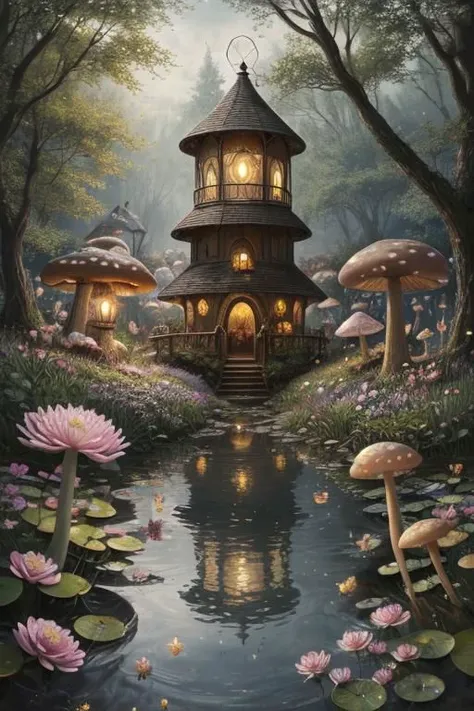 trending on Artstation, cute fantasy highly detailed, surrealistic, birds, butterflies, cute fantasy cartoon, flowers, swirls, pearls, woodland, mushrooms, cute fantasy fairy butterflies, cute fairy birds, water lilies, elf, elves, roses, peonies, dandelions, fairy woodland, forest, cute, fantasy, swirl, fairy flowers, fairy mushrooms, fairy trees, meadow, field, lanterns, candles, light, lake, water, raindrops, waterstream, soap bubbles, huge mushrooms, houses, huts, fantasy fairy girls, people, humans, lampposts, lamp posts, water fountain, fairyland portal, portal to fairyland, huge mushrooms, subsurface scattering, ultra hd, 4k, high def, Photorealistic, Hyperrealistic, Hyper detailed, analog style, realistic, masterpiece, best quality, ultra realistic, 8k, Intricate, High Detail, film photography, soft lighting,  heavy shadow