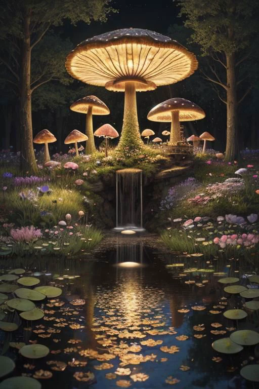 trending on Artstation, cute fantasy highly detailed, surrealistic, birds, butterflies, cute fantasy cartoon, flowers, swirls, pearls, woodland, mushrooms, cute fantasy fairy butterflies, cute fairy birds, water lilies, elf, elves, roses, peonies, dandelions, fairy woodland, forest, cute, fantasy, swirl, fairy flowers, fairy mushrooms, fairy trees, meadow, field, lanterns, candles, light, lake, water, raindrops, waterstream, soap bubbles, huge mushrooms, houses, huts, fantasy fairy girls, people, humans, lampposts, lamp posts, water fountain, fairyland portal, portal to fairyland, huge mushrooms, subsurface scattering, ultra hd, 4k, high def, Photorealistic, Hyperrealistic, Hyper detailed, analog style, realistic, masterpiece, best quality, ultra realistic, 8k, Intricate, High Detail, film photography, soft lighting, heavy shadow