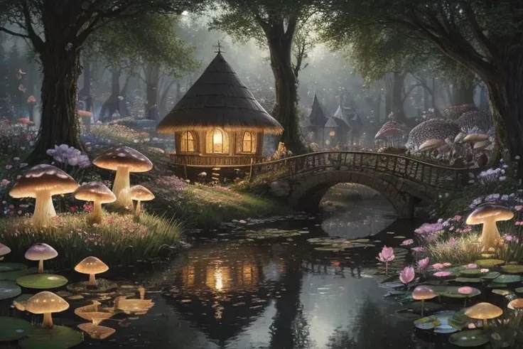 trending on Artstation, cute fantasy highly detailed, surrealistic, birds, butterflies, cute fantasy cartoon, flowers, swirls, pearls, woodland, mushrooms, cute fantasy fairy butterflies, cute fairy birds, water lilies, elf, elves, roses, peonies, dandelions, fairy woodland, forest, cute, fantasy, swirl, fairy flowers, fairy mushrooms, fairy trees, meadow, field, lanterns, candles, light, lake, water, raindrops, waterstream, soap bubbles, huge mushrooms, houses, huts, fantasy fairy girls, people, humans, lampposts, lamp posts, water fountain, fairyland portal, portal to fairyland, huge mushrooms, subsurface scattering, ultra hd, 4k, high def, Photorealistic, Hyperrealistic, Hyper detailed, analog style, realistic, masterpiece, best quality, ultra realistic, 8k, Intricate, High Detail, film photography, soft lighting,  heavy shadow