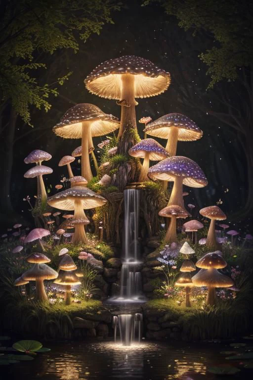 trending on Artstation, cute fantasy highly detailed, surrealistic, birds, butterflies, cute fantasy cartoon, flowers, swirls, pearls, woodland, mushrooms, cute fantasy fairy butterflies, cute fairy birds, water lilies, elf, elves, roses, peonies, dandelions, fairy woodland, forest, cute, fantasy, swirl, fairy flowers, fairy mushrooms, fairy trees, meadow, field, lanterns, candles, light, lake, water, raindrops, waterstream, soap bubbles, huge mushrooms, houses, huts, fantasy fairy girls, people, humans, lampposts, lamp posts, water fountain, fairyland portal, portal to fairyland, huge mushrooms, subsurface scattering, ultra hd, 4k, high def, Photorealistic, Hyperrealistic, Hyper detailed, analog style, realistic, masterpiece, best quality, ultra realistic, 8k, Intricate, High Detail, film photography, soft lighting, heavy shadow