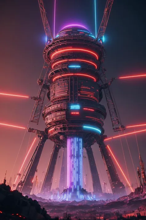 Dark alien Tower of Sauron is a towering fortress with digital circuit lines going up the structure with energy field blasting through the top to create a dome force field, illuminated with red and yellow buttons, circuits, and energy coils, tron, looks like music equipment with meter bridges, speakers, and transmission towers soundwave, in the middle of a wasteland, 8K realistic, Pixar, scifi  <lora:MalwareTech:0.4> matwaretech, malware glitch <lora:VaporwaveAlpha:0.35> VaporwaveAlpha, subsurface scattering, ultra hd, 4k, high def, Photorealistic, Hyperrealistic, Hyper detailed, analog style, realistic, masterpiece, best quality, ultra realistic, 8k, Intricate, High Detail, film photography, soft lighting,  heavy shadow