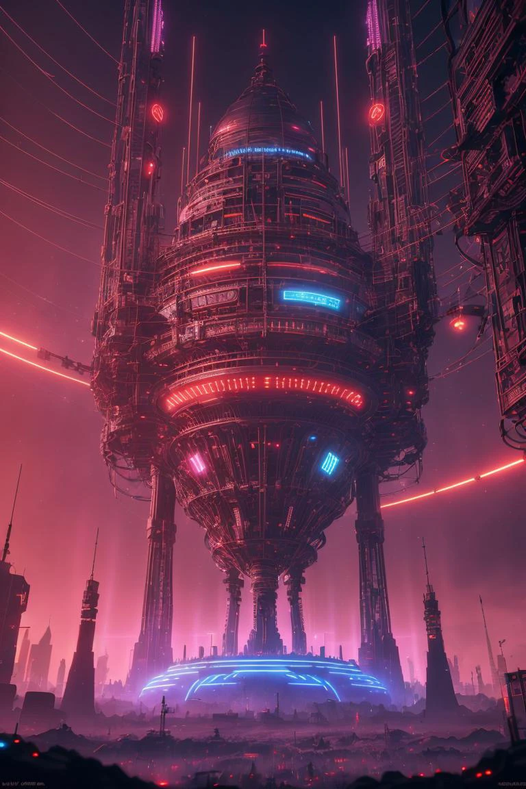 Dark alien Tower of Sauron is a towering fortress with digital circuit lines going up the structure with energy field blasting through the top to create a dome force field, illuminated with red and yellow buttons, circuits, and energy coils, tron, looks like music equipment with meter bridges, speakers, and transmission towers soundwave, in the middle of a wasteland, 8K realistic, Pixar, scifi <lora:MalwareTech:0.4> matwaretech, malware glitch <lora:VaporwaveAlpha:0.35> VaporwaveAlpha, subsurface scattering, ultra hd, 4k, high def, Photorealistic, Hyperrealistic, Hyper detailed, analog style, realistic, masterpiece, best quality, ultra realistic, 8k, Intricate, High Detail, film photography, soft lighting, heavy shadow