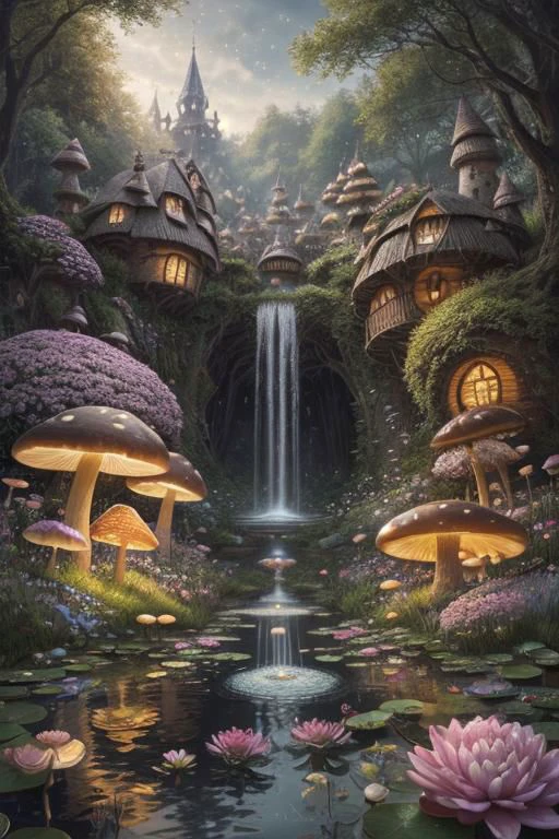 trending on Artstation, cute fantasy highly detailed, surrealistic, birds, butterflies, cute fantasy cartoon, flowers, swirls, pearls, woodland, mushrooms, cute fantasy fairy butterflies, cute fairy birds, water lilies, elf, elves, roses, peonies, dandelions, fairy woodland, forest, cute, fantasy, swirl, fairy flowers, fairy mushrooms, fairy trees, meadow, field, lanterns, candles, light, lake, water, raindrops, waterstream, soap bubbles, huge mushrooms, houses, huts, fantasy fairy girls, people, humans, lampposts, lamp posts, water fountain, fairyland portal, portal to fairyland, huge mushrooms, subsurface scattering, ultra hd, 4k, high def, Photorealistic, Hyperrealistic, Hyper detailed, analog style, realistic, masterpiece, best quality, ultra realistic, 8k, Intricate, High Detail, film photography, soft lighting, heavy shadow