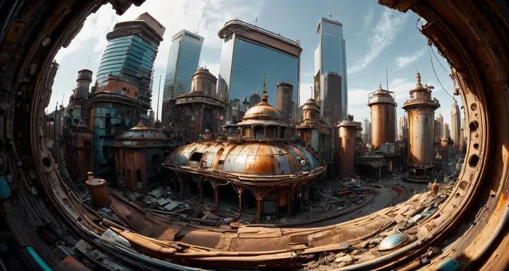 (ultra-wide angle shot:1.1)  new york skyline, fisheye lens distortion, 10mm lens <lora:WorldofScrap:0.5> worldofscrap, corroded, broken, junker <lora:WorldofOilslick:0.8> worldofoilslick, subsurface scattering, ultra hd, 4k, high def, Photorealistic, Hyperrealistic, Hyper detailed, analog style, realistic, masterpiece, best quality, ultra realistic, 8k, Intricate, High Detail, film photography, soft lighting,  heavy shadow