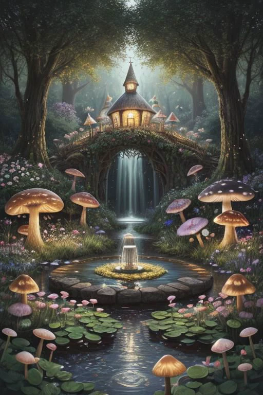 trending on Artstation, cute fantasy highly detailed, surrealistic, birds, butterflies, cute fantasy cartoon, flowers, swirls, pearls, woodland, mushrooms, cute fantasy fairy butterflies, cute fairy birds, water lilies, elf, elves, roses, peonies, dandelions, fairy woodland, forest, cute, fantasy, swirl, fairy flowers, fairy mushrooms, fairy trees, meadow, field, lanterns, candles, light, lake, water, raindrops, waterstream, soap bubbles, huge mushrooms, houses, huts, fantasy fairy girls, people, humans, lampposts, lamp posts, water fountain, fairyland portal, portal to fairyland, huge mushrooms, subsurface scattering, ultra hd, 4k, high def, Photorealistic, Hyperrealistic, Hyper detailed, analog style, realistic, masterpiece, best quality, ultra realistic, 8k, Intricate, High Detail, film photography, soft lighting, heavy shadow