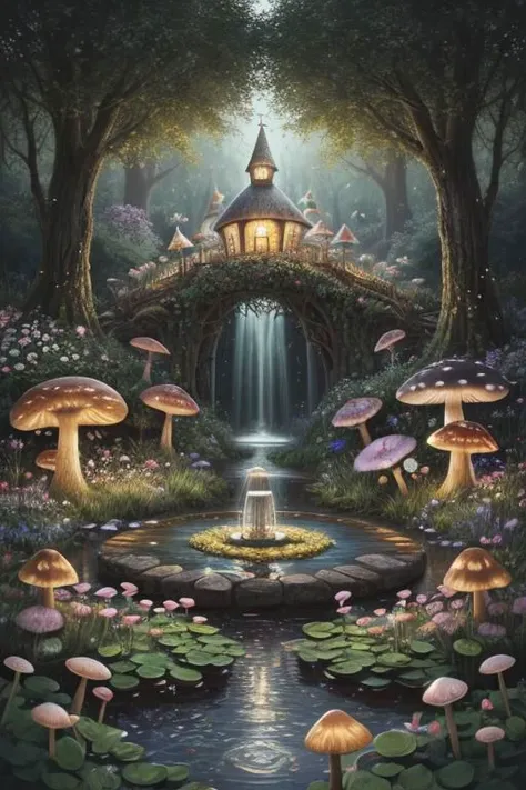 trending on Artstation, cute fantasy highly detailed, surrealistic, birds, butterflies, cute fantasy cartoon, flowers, swirls, pearls, woodland, mushrooms, cute fantasy fairy butterflies, cute fairy birds, water lilies, elf, elves, roses, peonies, dandelions, fairy woodland, forest, cute, fantasy, swirl, fairy flowers, fairy mushrooms, fairy trees, meadow, field, lanterns, candles, light, lake, water, raindrops, waterstream, soap bubbles, huge mushrooms, houses, huts, fantasy fairy girls, people, humans, lampposts, lamp posts, water fountain, fairyland portal, portal to fairyland, huge mushrooms, subsurface scattering, ultra hd, 4k, high def, Photorealistic, Hyperrealistic, Hyper detailed, analog style, realistic, masterpiece, best quality, ultra realistic, 8k, Intricate, High Detail, film photography, soft lighting,  heavy shadow