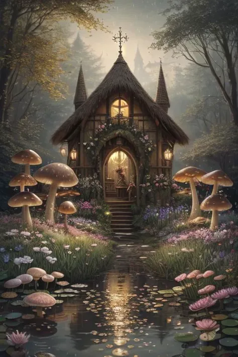 trending on Artstation, cute fantasy highly detailed, surrealistic, birds, butterflies, cute fantasy cartoon, flowers, swirls, pearls, woodland, mushrooms, cute fantasy fairy butterflies, cute fairy birds, water lilies, elf, elves, roses, peonies, dandelions, fairy woodland, forest, cute, fantasy, swirl, fairy flowers, fairy mushrooms, fairy trees, meadow, field, lanterns, candles, light, lake, water, raindrops, waterstream, soap bubbles, huge mushrooms, houses, huts, fantasy fairy girls, people, humans, lampposts, lamp posts, water fountain, fairyland portal, portal to fairyland, huge mushrooms, subsurface scattering, ultra hd, 4k, high def, Photorealistic, Hyperrealistic, Hyper detailed, analog style, realistic, masterpiece, best quality, ultra realistic, 8k, Intricate, High Detail, film photography, soft lighting,  heavy shadow