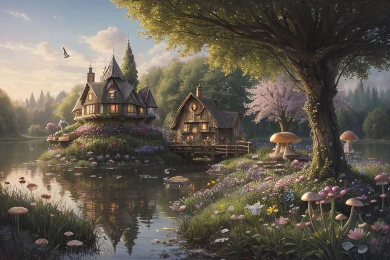 trending on Artstation, cute fantasy highly detailed, surrealistic, birds, butterflies, cute fantasy cartoon, flowers, swirls, pearls, woodland, mushrooms, cute fantasy fairy butterflies, cute fairy birds, water lilies, elf, elves, roses, peonies, dandelions, fairy woodland, forest, cute, fantasy, swirl, fairy flowers, fairy mushrooms, fairy trees, meadow, field, lanterns, candles, light, lake, water, raindrops, waterstream, soap bubbles, huge mushrooms, houses, huts, fantasy fairy girls, people, humans, lampposts, lamp posts, water fountain, fairyland portal, portal to fairyland, huge mushrooms, subsurface scattering, ultra hd, 4k, high def, Photorealistic, Hyperrealistic, Hyper detailed, analog style, realistic, masterpiece, best quality, ultra realistic, 8k, Intricate, High Detail, film photography, soft lighting, heavy shadow