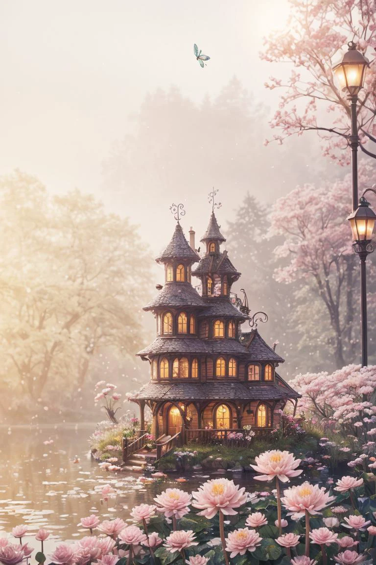 trending on Artstation, cute fantasy highly detailed, surrealistic, birds, butterflies, cute fantasy cartoon, flowers, swirls, pearls, woodland, mushrooms, cute fantasy fairy butterflies, cute fairy birds, water lilies, elf, elves, roses, peonies, dandelions, fairy woodland, forest, cute, fantasy, swirl, fairy flowers, fairy mushrooms, fairy trees, meadow, field, lanterns, candles, light, lake, water, raindrops, water stream, soap bubbles, huge mushrooms, houses, huts, fantasy fairy girls, people, humans, lampposts, lamp posts, water fountain, fairyland portal, portal to fairyland, huge mushrooms, subsurface scattering, ultra hd, 4k, high def, Photorealistic, Hyperrealistic, Hyper detailed, analog style, realistic, masterpiece, best quality, ultra realistic, 8k, Intricate, High Detail, film photography, soft lighting, heavy shadow