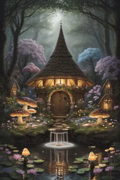 trending on Artstation, cute fantasy highly detailed, surrealistic, birds, butterflies, cute fantasy cartoon, flowers, swirls, pearls, woodland, mushrooms, cute fantasy fairy butterflies, cute fairy birds, water lilies, elf, elves, roses, peonies, dandelions, fairy woodland, forest, cute, fantasy, swirl, fairy flowers, fairy mushrooms, fairy trees, meadow, field, lanterns, candles, light, lake, water, raindrops, waterstream, soap bubbles, huge mushrooms, houses, huts, fantasy fairy girls, people, humans, lampposts, lamp posts, water fountain, fairyland portal, portal to fairyland, huge mushrooms, subsurface scattering, ultra hd, 4k, high def, Photorealistic, Hyperrealistic, Hyper detailed, analog style, realistic, masterpiece, best quality, ultra realistic, 8k, Intricate, High Detail, film photography, soft lighting,  heavy shadow