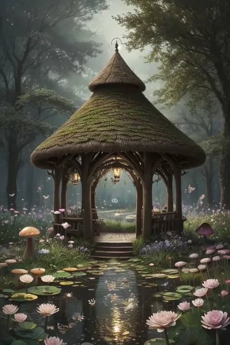 trending on Artstation, cute fantasy highly detailed, surrealistic, birds, butterflies, cute fantasy cartoon, flowers, swirls, pearls, woodland, mushrooms, cute fantasy fairy butterflies, cute fairy birds, water lilies, elf, elves, roses, peonies, dandelions, fairy woodland, forest, cute, fantasy, swirl, fairy flowers, fairy mushrooms, fairy trees, meadow, field, lanterns, candles, light, lake, water, raindrops, waterstream, soap bubbles, huge mushrooms, houses, huts, fantasy fairy girls, people, humans, lampposts, lamp posts, water fountain, fairyland portal, portal to fairyland, huge mushrooms, subsurface scattering, ultra hd, 4k, high def, Photorealistic, Hyperrealistic, Hyper detailed, analog style, realistic, masterpiece, best quality, ultra realistic, 8k, Intricate, High Detail, film photography, soft lighting,  heavy shadow