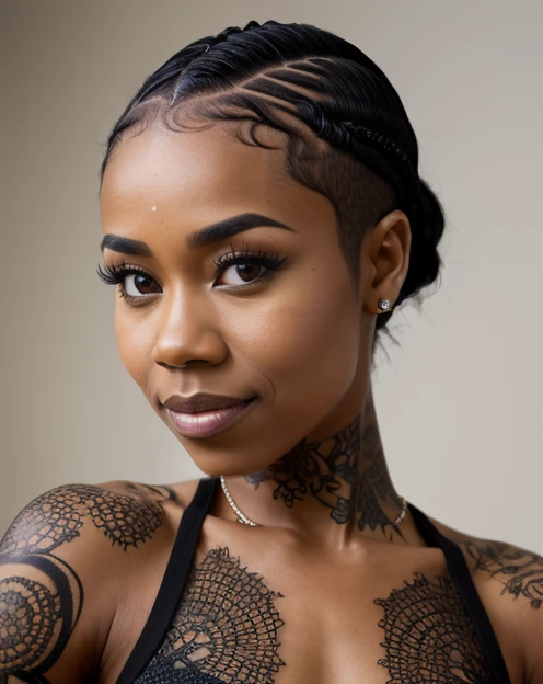 upper body photo of DV_BoomBoom_Vicious (black half-shaved waves hair:1.10) <lora:Black_Women:0.35>, photorealistic, 35mm, intricate details, hdr, intricate details, hyperdetailed, natural skin texture, hyperrealism, sharp
