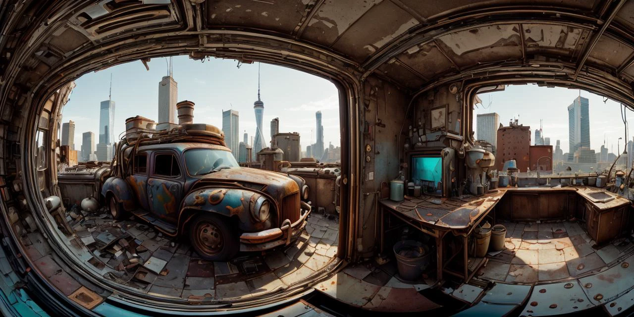 (ultra-wide angle shot:1.1) new york skyline, fisheye lens distortion, 10mm lens <lora:WorldofScrap:0.5> worldofscrap, corroded, broken, junker <lora:WorldofOilslick:0.8> worldofoilslick, subsurface scattering, ultra hd, 4k, high def, Photorealistic, Hyperrealistic, Hyper detailed, analog style, realistic, masterpiece, best quality, ultra realistic, 8k, Intricate, High Detail, film photography, soft lighting, heavy shadow