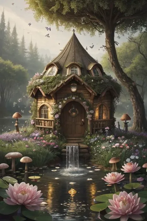 trending on Artstation, cute fantasy highly detailed, surrealistic, birds, butterflies, cute fantasy cartoon, flowers, swirls, pearls, woodland, mushrooms, cute fantasy fairy butterflies, cute fairy birds, water lilies, elf, elves, roses, peonies, dandelions, fairy woodland, forest, cute, fantasy, swirl, fairy flowers, fairy mushrooms, fairy trees, meadow, field, lanterns, candles, light, lake, water, raindrops, waterstream, soap bubbles, huge mushrooms, houses, huts, fantasy fairy girls, people, humans, lampposts, lamp posts, water fountain, fairyland portal, portal to fairyland, huge mushrooms, subsurface scattering, ultra hd, 4k, high def, Photorealistic, Hyperrealistic, Hyper detailed, analog style, realistic, masterpiece, best quality, ultra realistic, 8k, Intricate, High Detail, film photography, soft lighting, heavy shadow