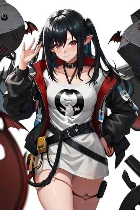 best quality, masterpiece, highres, solo, {closure_arknights:1.15}, black_hair, pointy_ears, long_hair, red_eyes, bangs, hair_between_eyes, smile, upper_body, breasts, blush, two_side_up