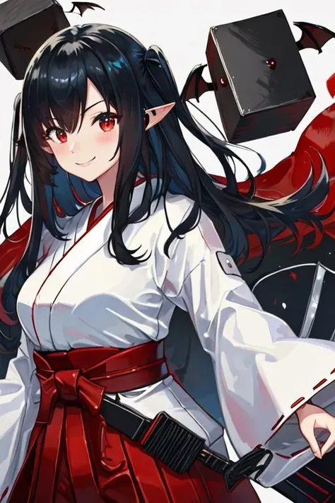 best quality, masterpiece, highres, solo, {white kimono:1.35}, {red hakama:1.35}, {wide sleeves:1.20}, {closure_arknights:1.15}, black_hair, pointy_ears, long_hair, red_eyes, bangs, hair_between_eyes, smile, upper_body, breasts, blush, two_side_up
