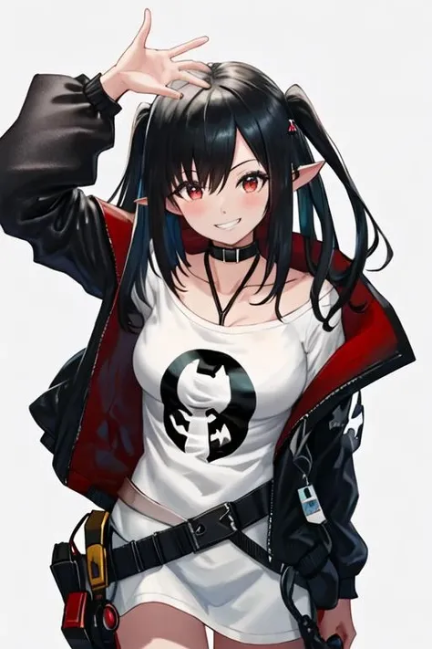 best quality, masterpiece, highres, solo, {closure_arknights:1.15}, black_hair, pointy_ears, long_hair, red_eyes, bangs, hair_between_eyes, smile, upper_body, breasts, blush, two_side_up, 1girl, black_choker, black_jacket, choker, jacket, looking_at_viewer, open_clothes, open_jacket, shirt, white_shirt, simple_background, white_background, long_sleeves, collarbone, hand_up, grin