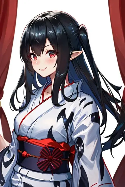 best quality, masterpiece, highres, solo, {yukata:1.40}, {kimono:1.20}, {closure_arknights:1.15}, black_hair, pointy_ears, long_hair, red_eyes, bangs, hair_between_eyes, smile, upper_body, breasts, blush, two_side_up