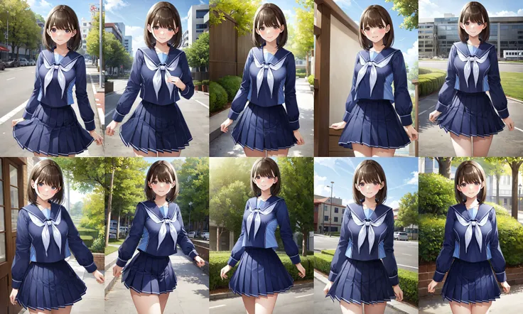 masterpiece, best quality, highres, aanene, short hair, blue serafuku, blue shirt, long sleeves, blue sailor collar, white neckerchief, pleated skirt, blue skirt, <lora:anegasaki_nene_v1:0.7>, standing, cowboy shot, outdoors, smile