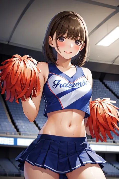 masterpiece, best quality, highres, aanene, short hair, <lora:anegasaki_nene_v1:0.7>, cheerleader, pom pom \(cheerleading\), midriff, sweat, smile, stadium, indoors