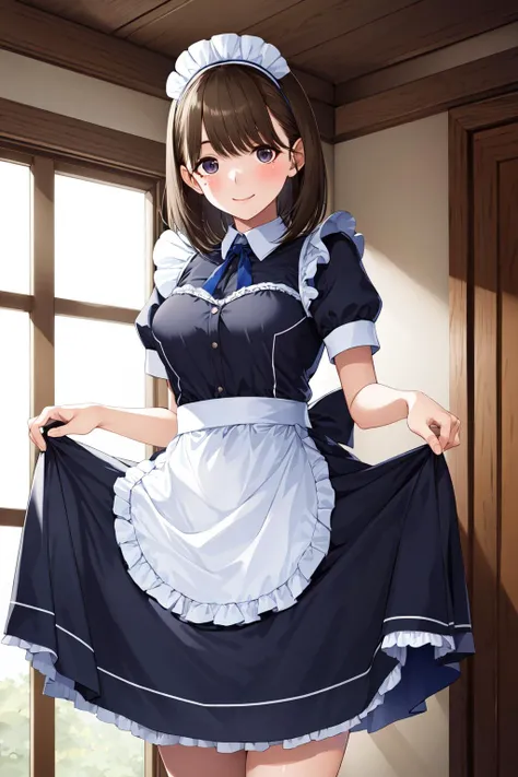 Highest quality、masterpiece、8k、Very detailed、Realistic、Looking at me with a smile、whole body、Black Hair、Short Hair、Small face、Slender、Big Breasts、Thin and beautiful legs、narrow and constricted waist,、Victorian maid clothes