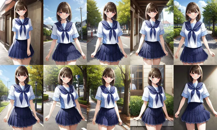 masterpiece, best quality, highres, aanene, short hair, serafuku, white shirt, short sleeves, sailor collar, blue neckerchief, pleated skirt, blue skirt, <lora:anegasaki_nene_v1:0.7>, standing, cowboy shot, outdoors