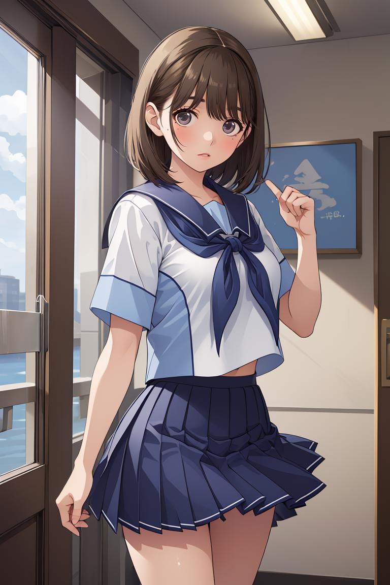 A woman in a school uniform is standing in front of a window - SeaArt AI