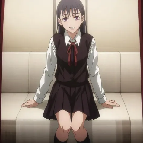 Yoshizuki_Iori, Huge_chest, Are standing, alone, School_uniform_purple_shirt_green_skirt_white_neckerchief_black_Knee socks, masterpiece, Highest quality, Detailed face, Fine grain, High resolution, mini skirt, squatting, white panties, pov