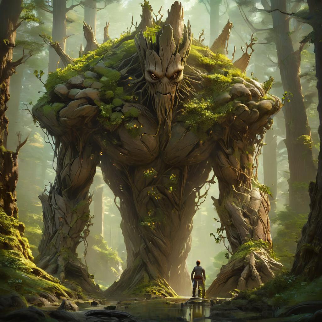 A man standing in front of a giant tree in a forest - SeaArt AI