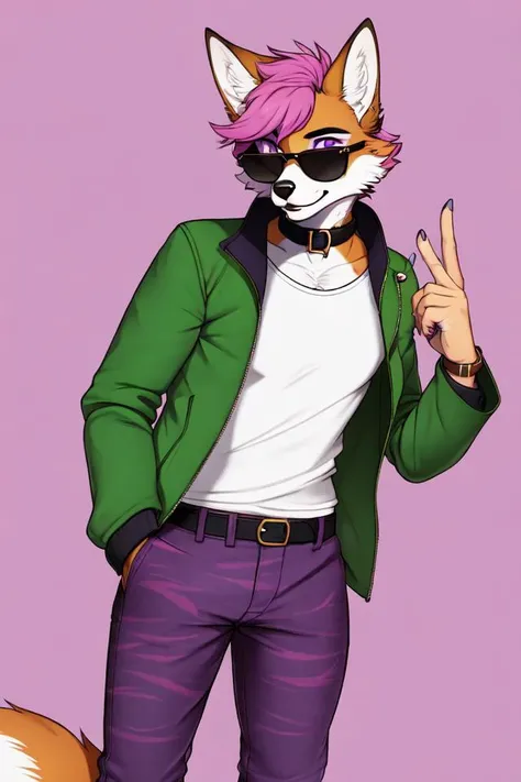 by pgm, 1boy, canid , canine , fox , mammal , canid, canine, eyewear_removed, glasses, green_jacket, holding, holding_eyewear, jacket, long_sleeves, looking_at_viewer, male_focus, pink_background, purple_eyes, red_background, round_eyewear, shirt, short_hair, smile, solo, sunglasses, two-tone_background, watch, wristwatch, anthro, anthro , bottomwear , clothing , collar , dipstickears , dipsticktail , eyescar , eyebrows , eyelashes , eyewear , facialscar , footwear , fur , hair , holdingeyewear , holdingobject , holdingsunglasses , innerear , fluff , jacket , lookingat , viewer , male , markings , multicoloredears , pants , purpleeyes , sandals , scar , shirt , shor thair , smile , solo , starsand , stripes , sunglasses , tail , tail_markings , topwear , tuft , wristband , Meta , absurdres, uploaded on e621, animal nose