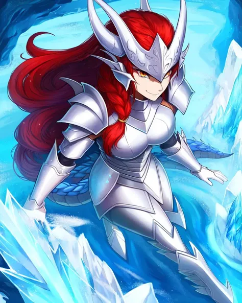 high quality, highres, illustration, detailed landscape, ((from above)), ((wide shot)), (1girl, solo), evil smile, (detailed large dragon horns), (beautiful detailed face, beautiful detailed eyes), medium breasts, noble, (fantasy (white) armor, fantasy helmet), long hair, (red hair), braid, hair between eyes, golden eyes, (muscular), (detailed ice dragon, floating ice crystals, blue flames)