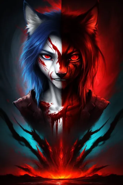 animal nose, masterpiece, best quality, felid, furry female, wolf girl, 1girl, skinny, scars on the face, brunette hair, piercing look, blue and red eyes, (inside of blood flow1.2), one part is maniac with red eyes and hair, uniform covered with blood, other with blue hair and eyes,
8k wallpaper, finely detailed beautiful face and eyes
(abstract beauty, blood strokes, chaotic strokes and colorful red waves:1.2), extremly detailed CG, concept art, absurd, splash art, intense atmosphere, cinematic lighting and shadows, wide angle