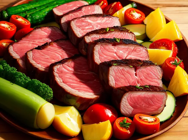 Succulent fillet steak and roast vegetables, a stock photo, art photography, 8k raw, best quality