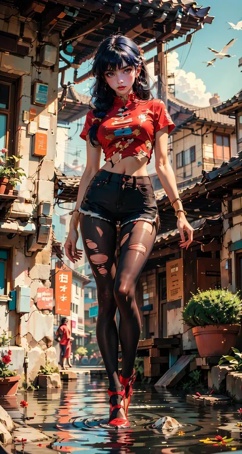 masterpiece,ultra highres,ultra detailed,best quality,
1girl,leggy,slim,gradient hair,<lyco:xuer Shampoo_20240303193333:0.7>short shorts,torn pantyhose,full body,wading,