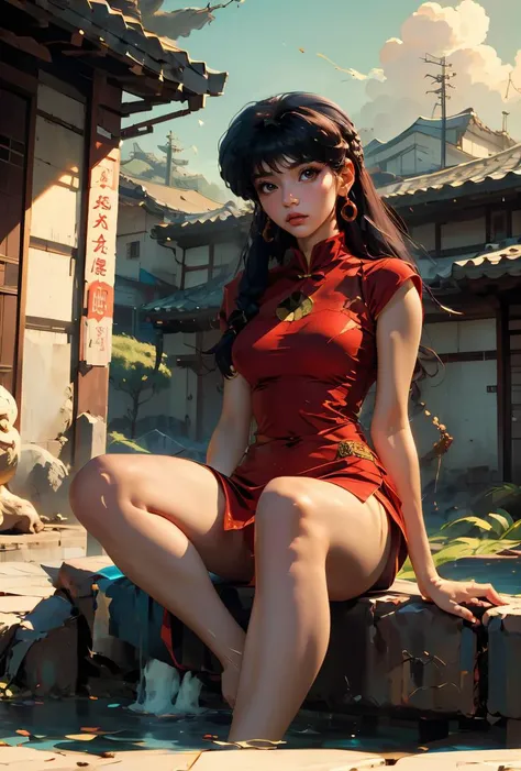 girl, ancient style, BEST QUALITY, masterpiece, full body, street photography, cheongsam, bare legs