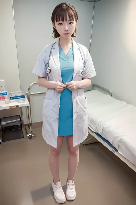 (RAW photo, best quality), (realistic, photo-realistic:1.3), masterpiece, light smile, detailed face, natural lighting, 1girl, (full body:1.3), wide angle, UHD, 8K, medium height
lab coat over scrubs, stethoscope, white sandal shoes
((Detailed background)), hospital examination room, medical equipment, X-ray, infirmary, hospital bed, curtain
<lora:LabcoatOverScrubs1_1:1>  <lora:Persona5NiijimaMakotoCharecter_v10:0.75> <lora:infirmary_v0.1:1>