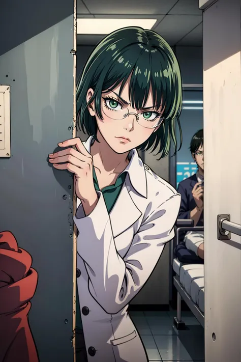 masterpiece, best quality, 1girl, solo, facing viewer, <lora:EPopmFubuki-09:0.8>, EPopmFubuki, short hair, green hair, green eyes, scientist, labcoat, glasses, collared shirt, pencil skirt, <lora:infirmary_v0.1:1>, infirmary, curtains, hospital bed, <lora:peeking_out_upper_body_pruned:1.2>, peeking out upper body, opening door, glaring, shaded face, closed mouth