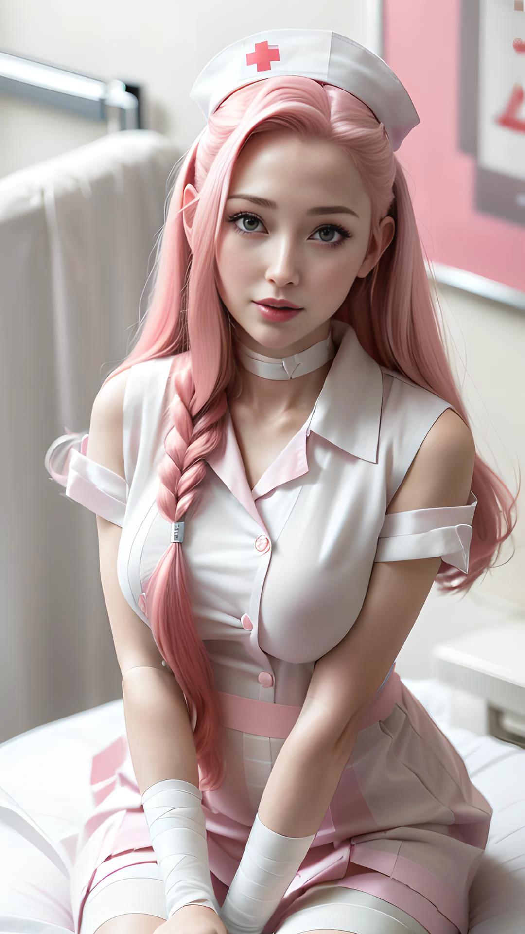 (close_up:2.0) low_angle (low_angle_shot:1.7), (long_skirt:1.3),(flirty:1.4) (tongue_out:1.3) infirmary (nurse_girl:1.5), (red_cross:1.3) (long_hair:1.5) (pink_hair:1.4) (flat_bang:1.2) . (syringe:1.5) (blushed_cheeks:1.3) hint at her (shy:1.2) nature. (bandaged_hands:1.5) is fully (wrapped:1.3) in a clean white bandage. (treating:1.5) on a young (students:1.5) wearing a school uniform, lying on a white (hospital_bed:1.5), with (gentle_care:1.5). Hyper realistic, best quality, masterpiece, ultra high res, (photorealistic:2.0), raw photo, sharp focus, HDR, detailed skin. <lora:infirmary_v0.1:0.8>